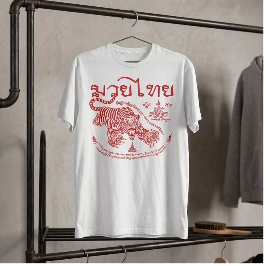 Muay Thai Shirt Traditional Sak Yant Red Tiger Tattoo Boxing Graphic Tee