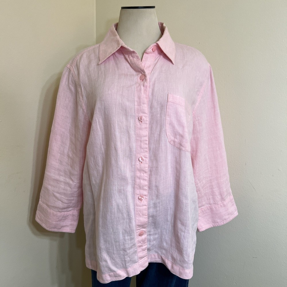 Valerie Stevens 100% Linen Pink Blouse Womens Size XL Short Sleeve Button Top