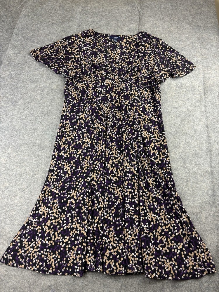 Chaps Women’s XL Flutter Sleeve V Neck Fit & Flare Dress Black Purple Jersey EUC