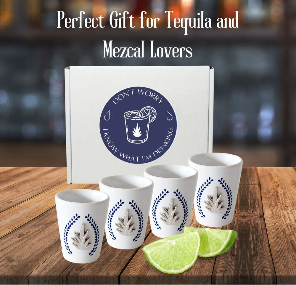 4 blue class style shot glasses, gifts for tequila lovers, weddings or birthdays