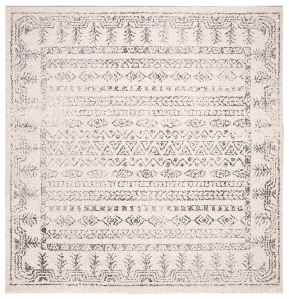 Tulum Collection Area Rug - 5' Square, Ivory & Grey, Moroccan Boho Distressed...