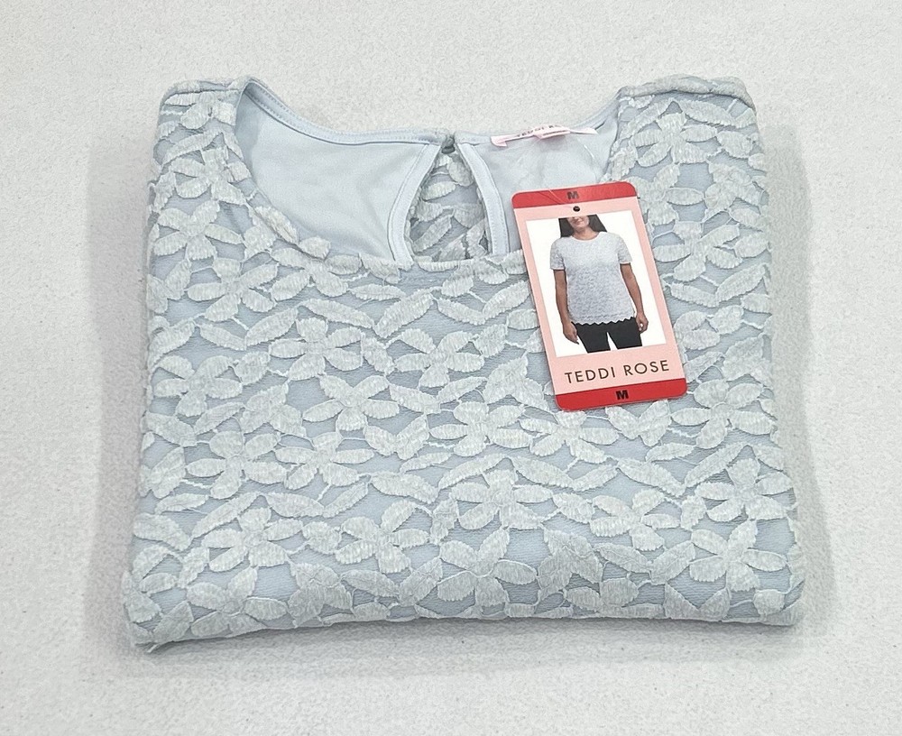 Teddi Rose Women's Crewneck Short Sleeve Blouse, Light Blue, Size M
