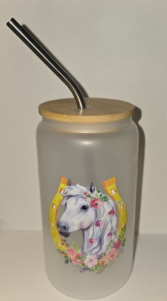 Western Horse With Horseshoe Ice Coffee 16oz Glass Cup Straw And Brush With Lid