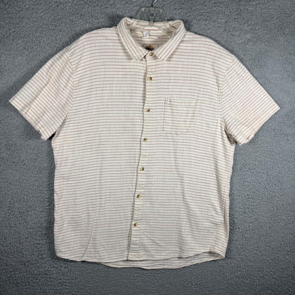 Marine Layer Mens Marge Short Sleeve Striped Button Down Shirt Cream Red 15791