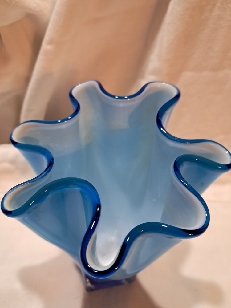 Vintage MCM Italian Art Glass Fazzoletto Vase Cobalt Blue Ruffle 5.5