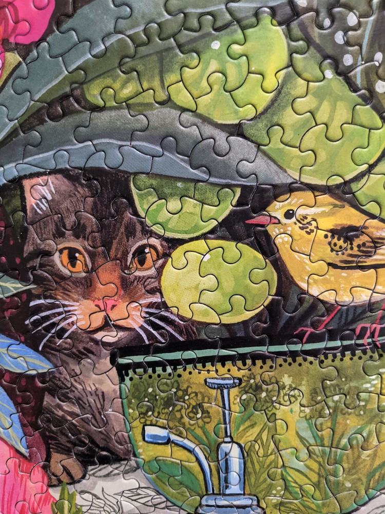 MIRRIAM BOS Ceaco 500 Piece Round Jigsaw Puzzle CAT BIRD BUTTERFLY FLOWERS