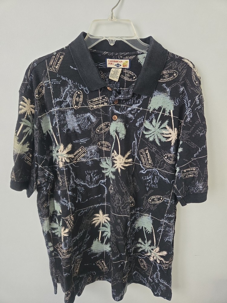Caribbean Joe Men’s Large Tropical Palm Tree Polo Shirt Black Hawaiian Island...