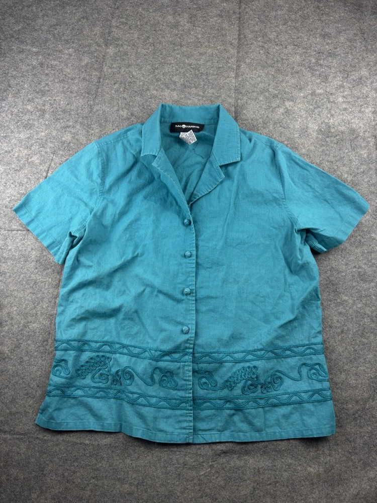 VTG Sag Harbor Teal Floral Embroider Linen Blend Button Down Blouse Women M SEE