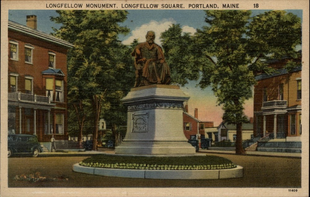Portland Maine Longfellow Square Monument 1930s cars vintage postcard sku371