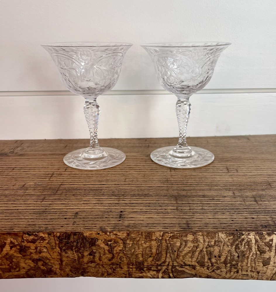 Vintage 1930s Rock-Crystal Engraved Champagne Coupes - Set of 2