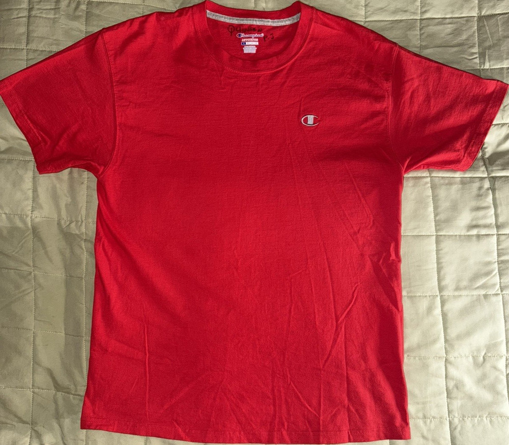 Champion Red Solid Logo Cotton Men's Crew Neck Short Sleeve T-Shirt L