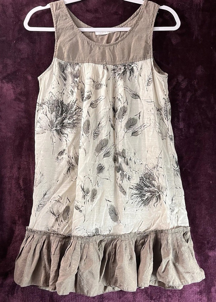 Blue Bird Floral Tunic Top Womens Large Brown Cream Sleeveless Scoop Neck Cotton