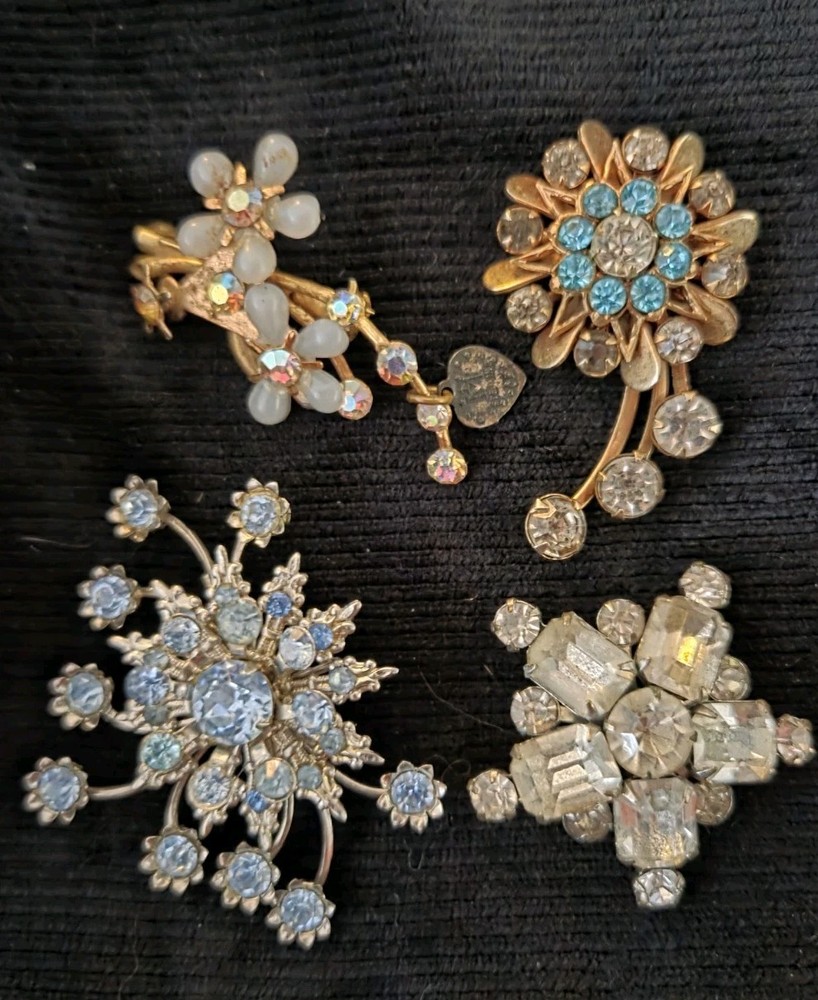Vintage Rhinestone Brooch Lot Of 4 Germany Rivet Style AB Blue Starburst