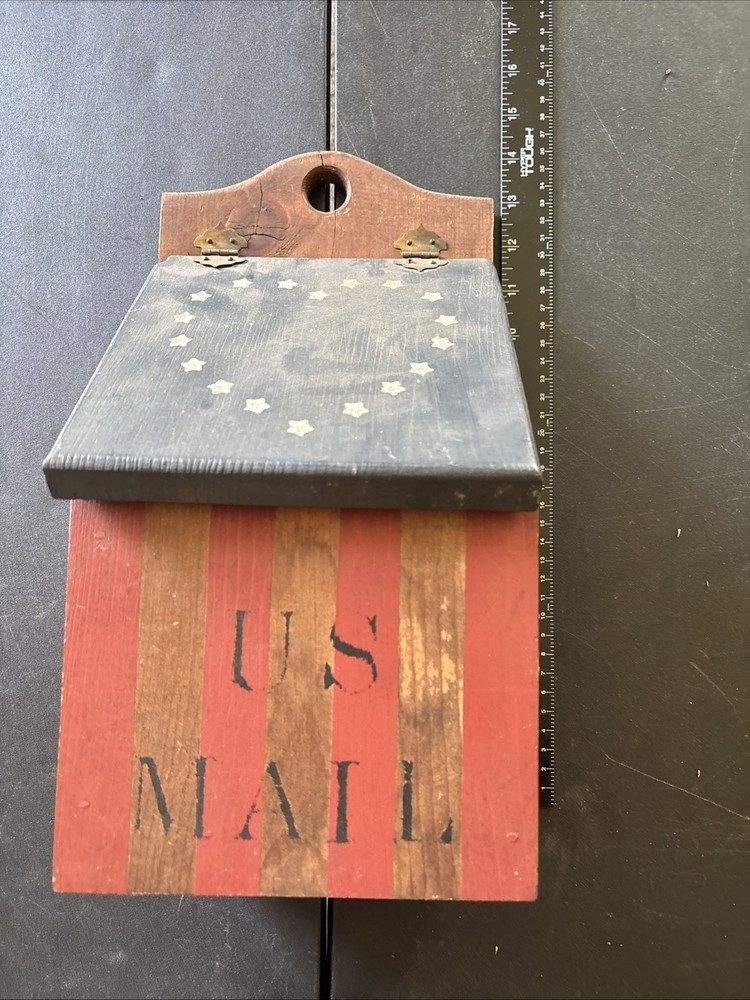 Vintage Primitive Wood Antique Mail Box With Hinged Lid Flag Motif Design