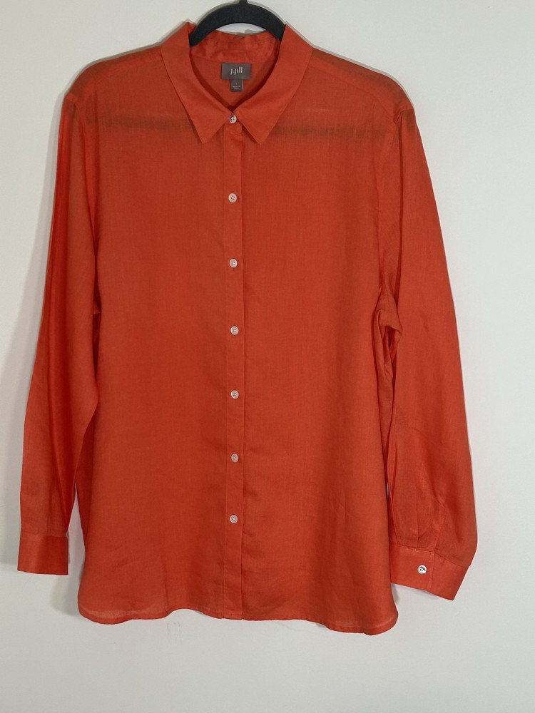 J Jill 100% Linen Shirt Large Orange Women's Long-Sleeve Button-Down Tunic
