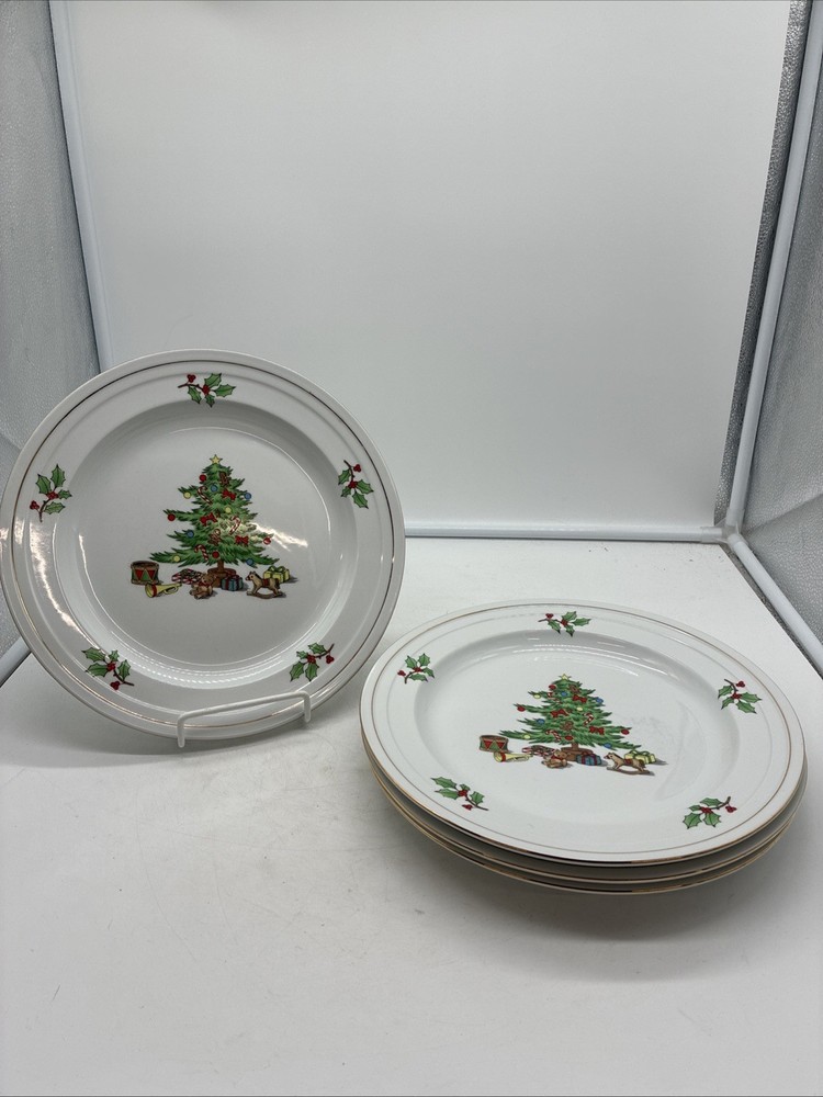 Set of 4 Tienshan Holiday Hostess Dinner Plate, Gold Band & Christmas Tree