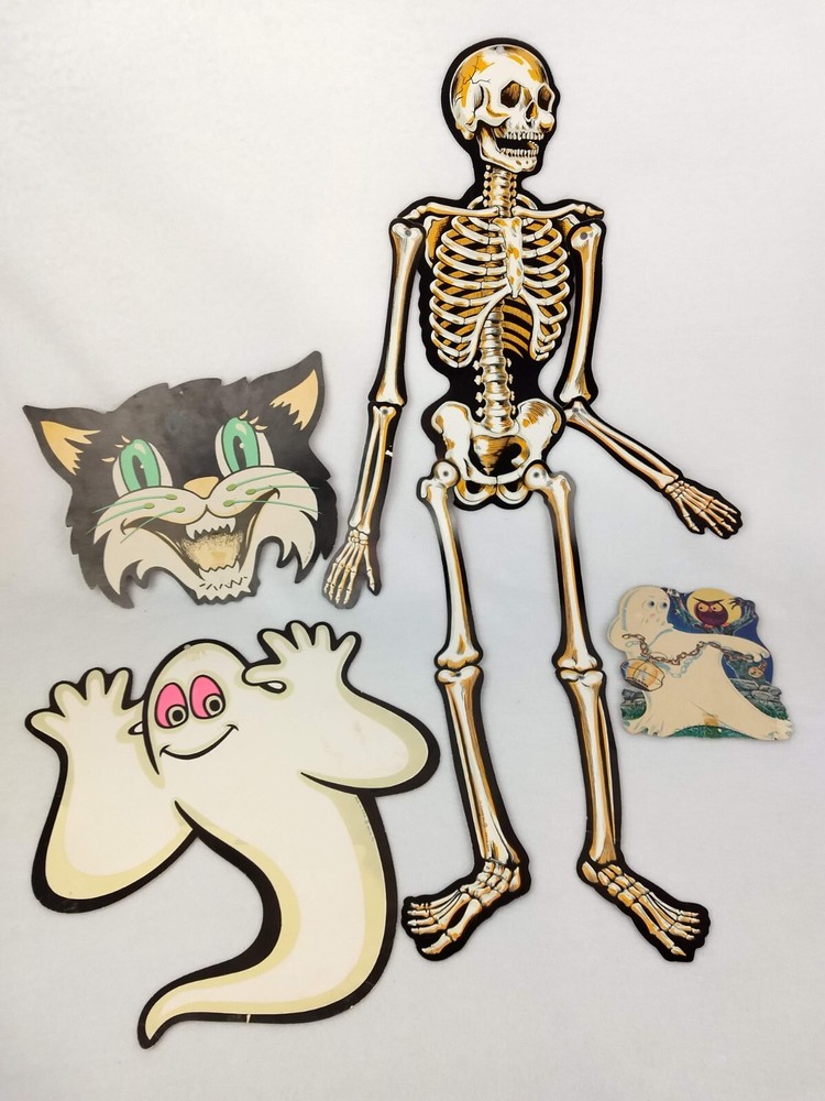 VTG Beistle Halloween Die Cut Skeleton Ghost Cat Glow in Dark Decoration Lot