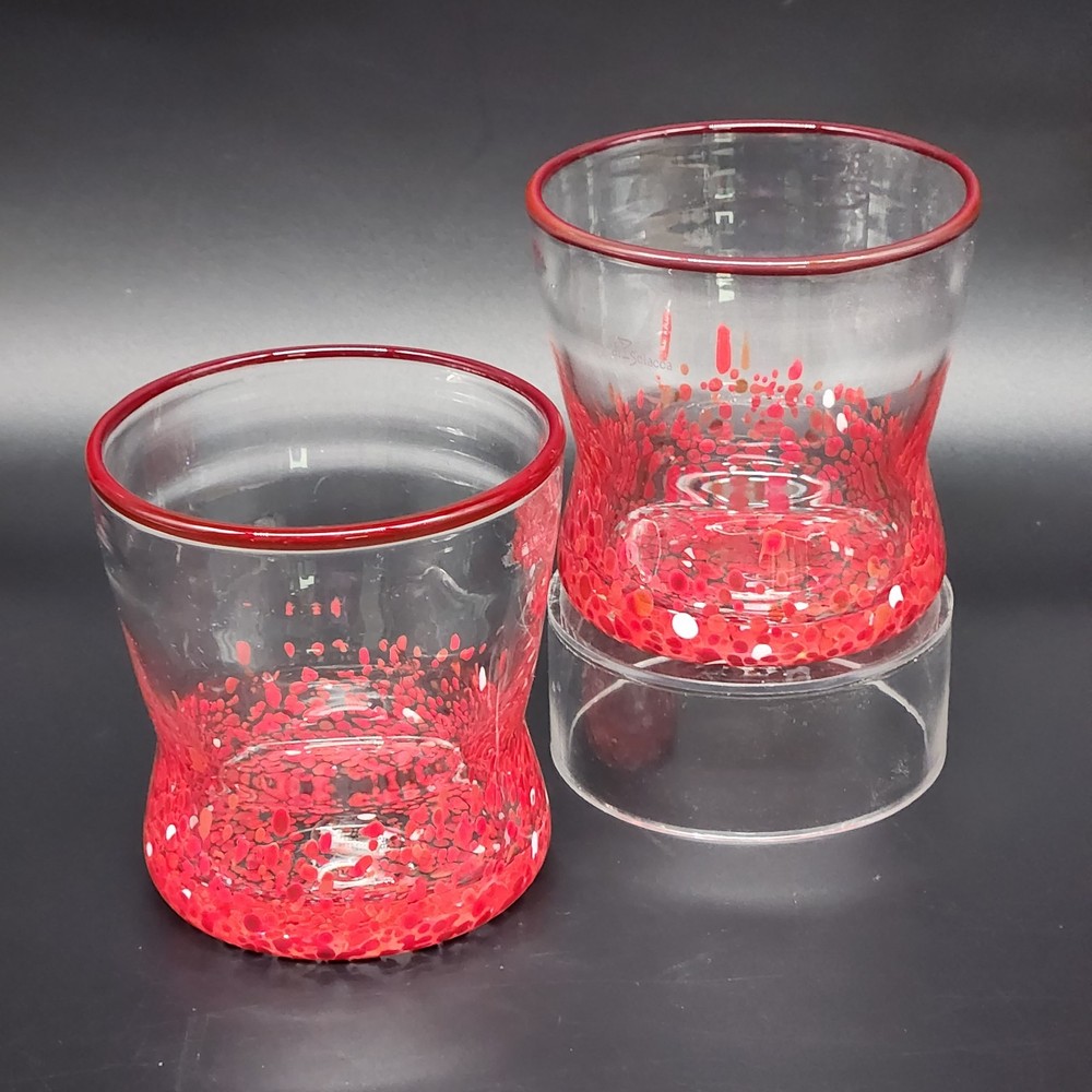 Set Of 2 Di Sciacca Cocktail Glasses Red Speckled Tumblers Hand Blown Rocks