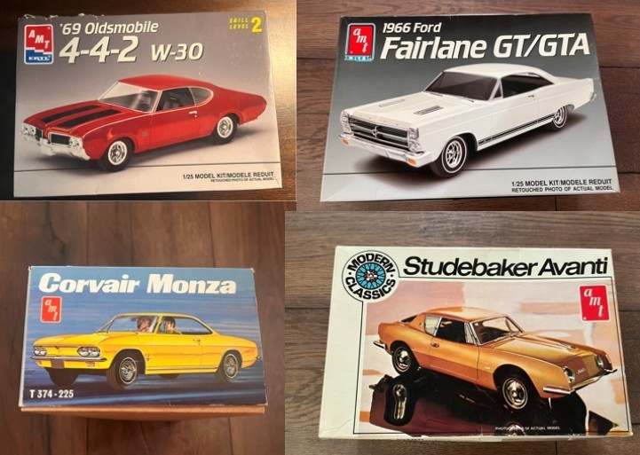 Vintage Model Kit Lot of 4 AMT Olds 442 W30 Fairlane GTA Corvair Monza Avanti