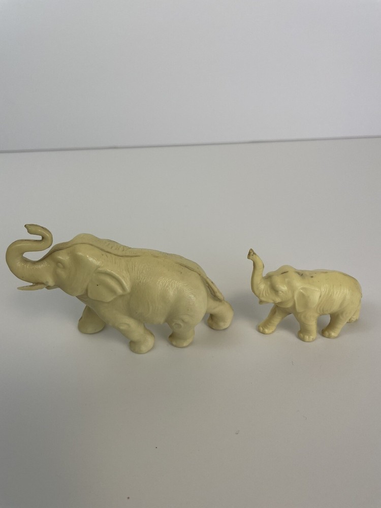 Vintage Hard Plastic Elephant Figurine Brown Off-White Trunk Up Japan Made