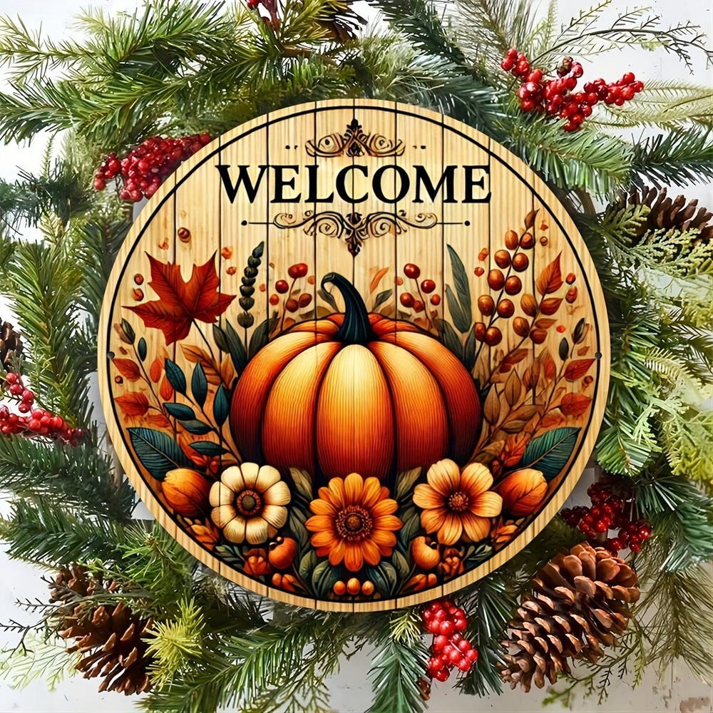 Autumn Thanksgiving Engraved Welcome Round Metal Sign
