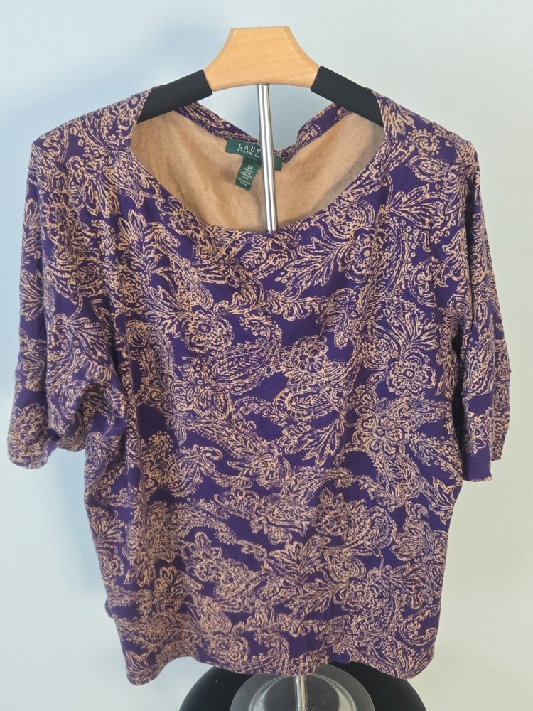 Lauren Ralph Lauren Womens Top 2X Purple Paisley 3/4 Sleeve Cotton Blouse...