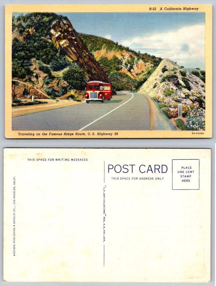 Vintage California Ridge Route US 99 Linen Postcard Red Bus 1940s