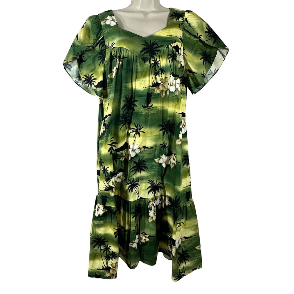 Winnie Fashion Women's Dress Green Cotton Traditional Hawaiian Print Midi Size M