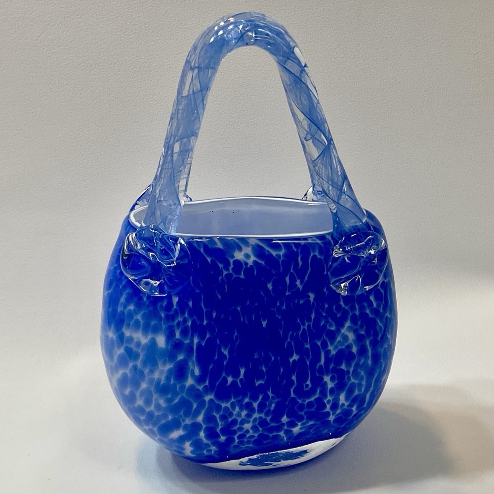 Murano Style Handblown Art Glass Purse Vase Cobalt Blue/White/Clear Swirled