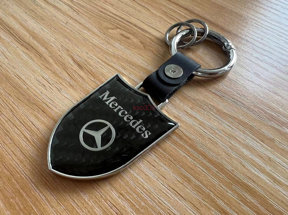 1PC Shield Carbon Fiber With Leather Keychain Key Fob Ring For Mercedes Benz