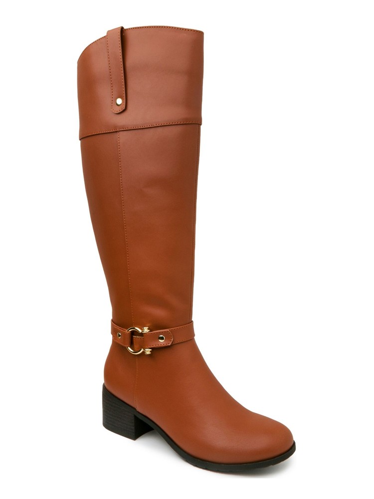 KAREN SCOTT Womens Brown Harness Strap Round Toe Stacked Heel Riding Boot 7