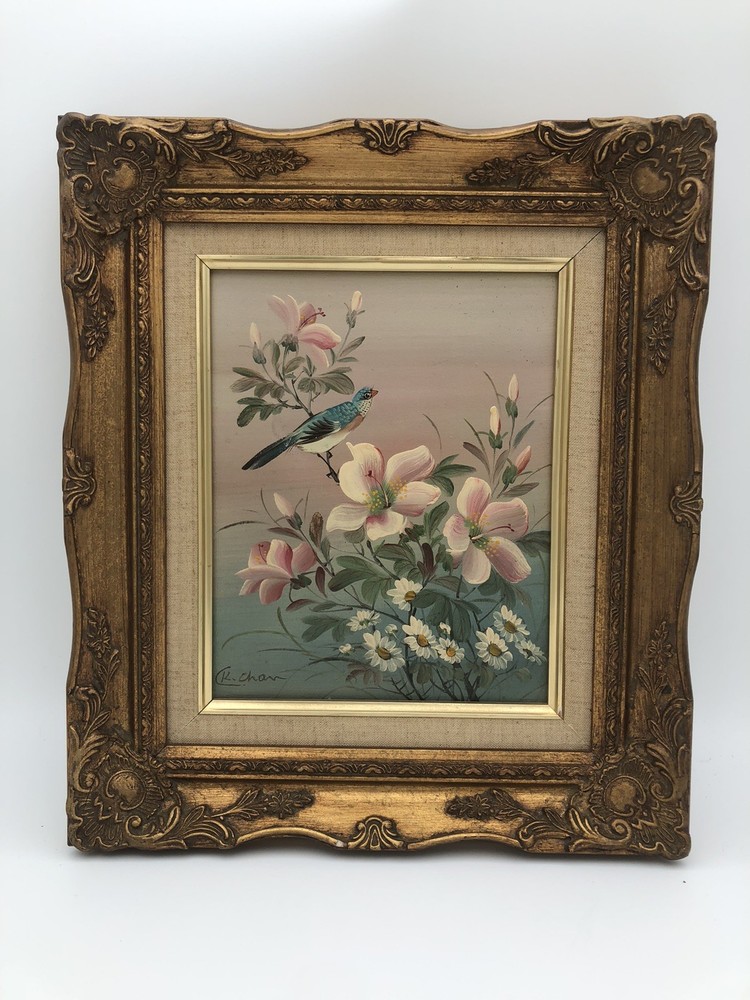 Oriental Asian Floral  & Blue Bird Original Oil Painting On Canvas CK Chan -490-