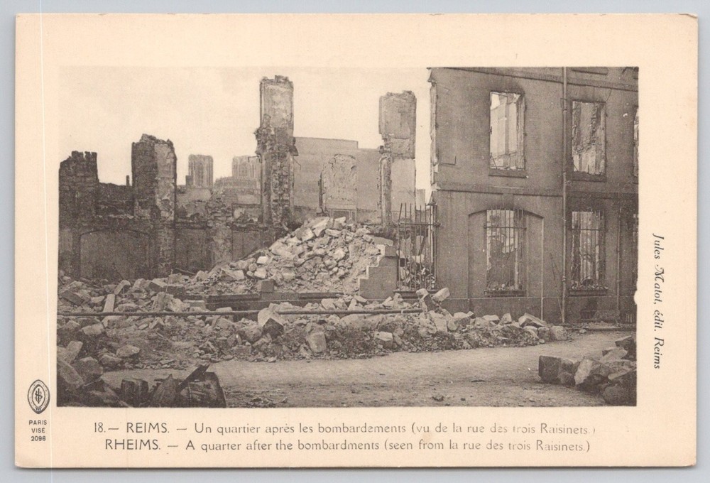 Reims Bombardment Ruins WWI Postcard - Rue des Trois Raisinets, France