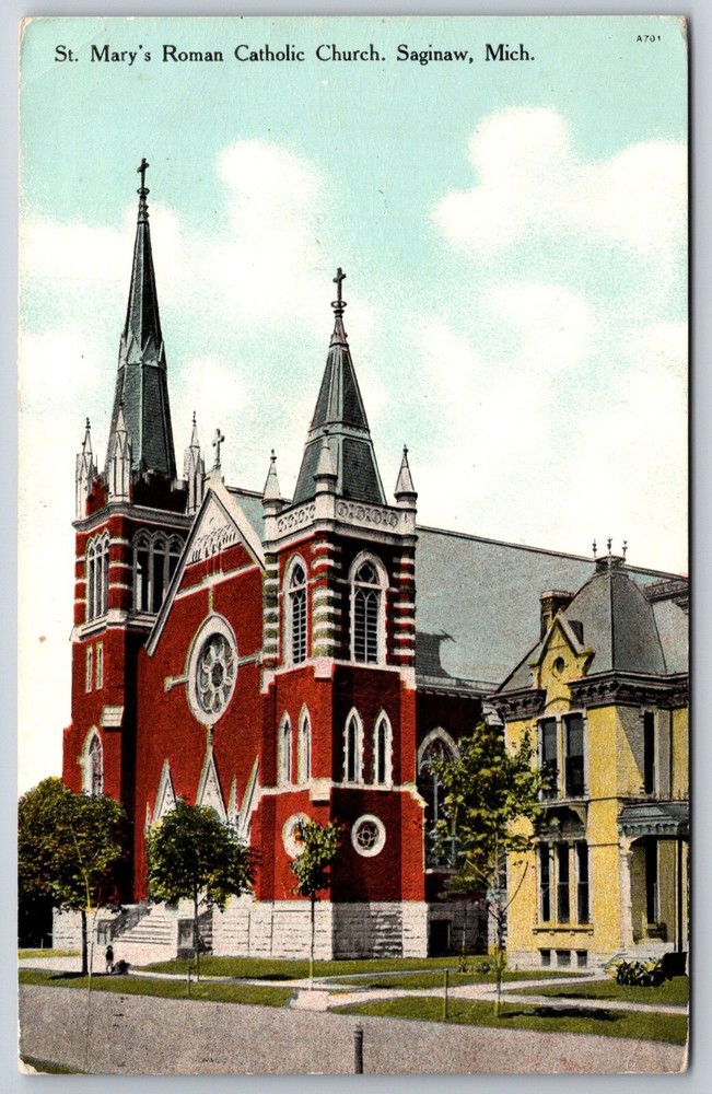 Saginaw Michigan~St Marys Roman Catholic Church Street View~PM 1909~Vtg Postcard