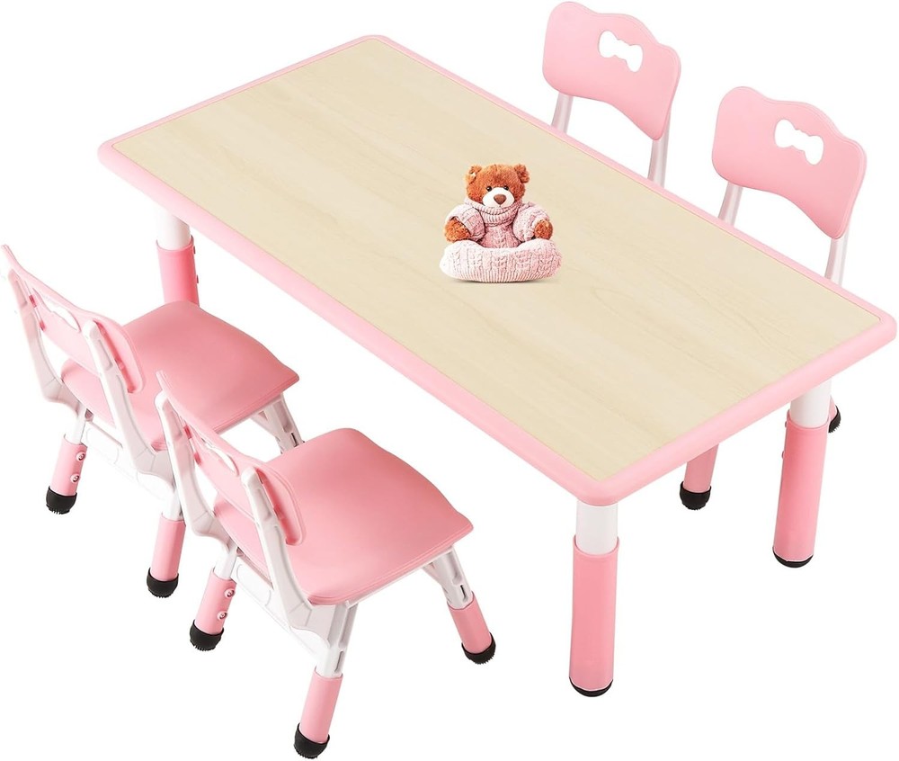 Funlio Pink Kids Table and 4 Chairs Set 23.5x47in Rectangle Playroom Furniture