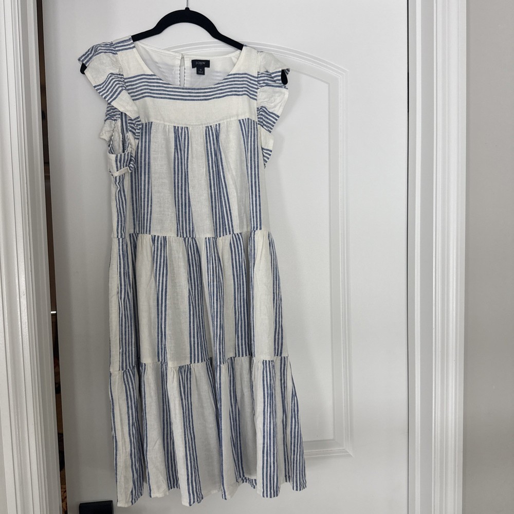 J Crew Women Linen-blend Striped Mini Dress Blue & White Size 4