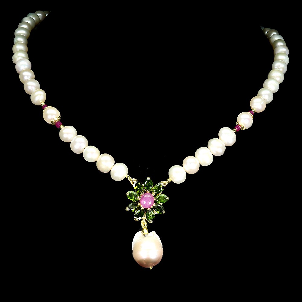 925 Sterling Silver Necklace with Oval Ruby 7x6mm Chrome Diopside Pearl 18in