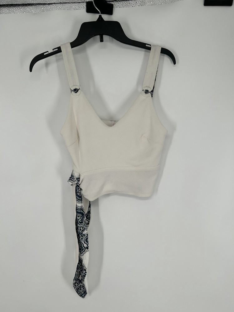 Free People Crop Top Women's XS Cream Adjustable Straps Tank Paisley Side Tie