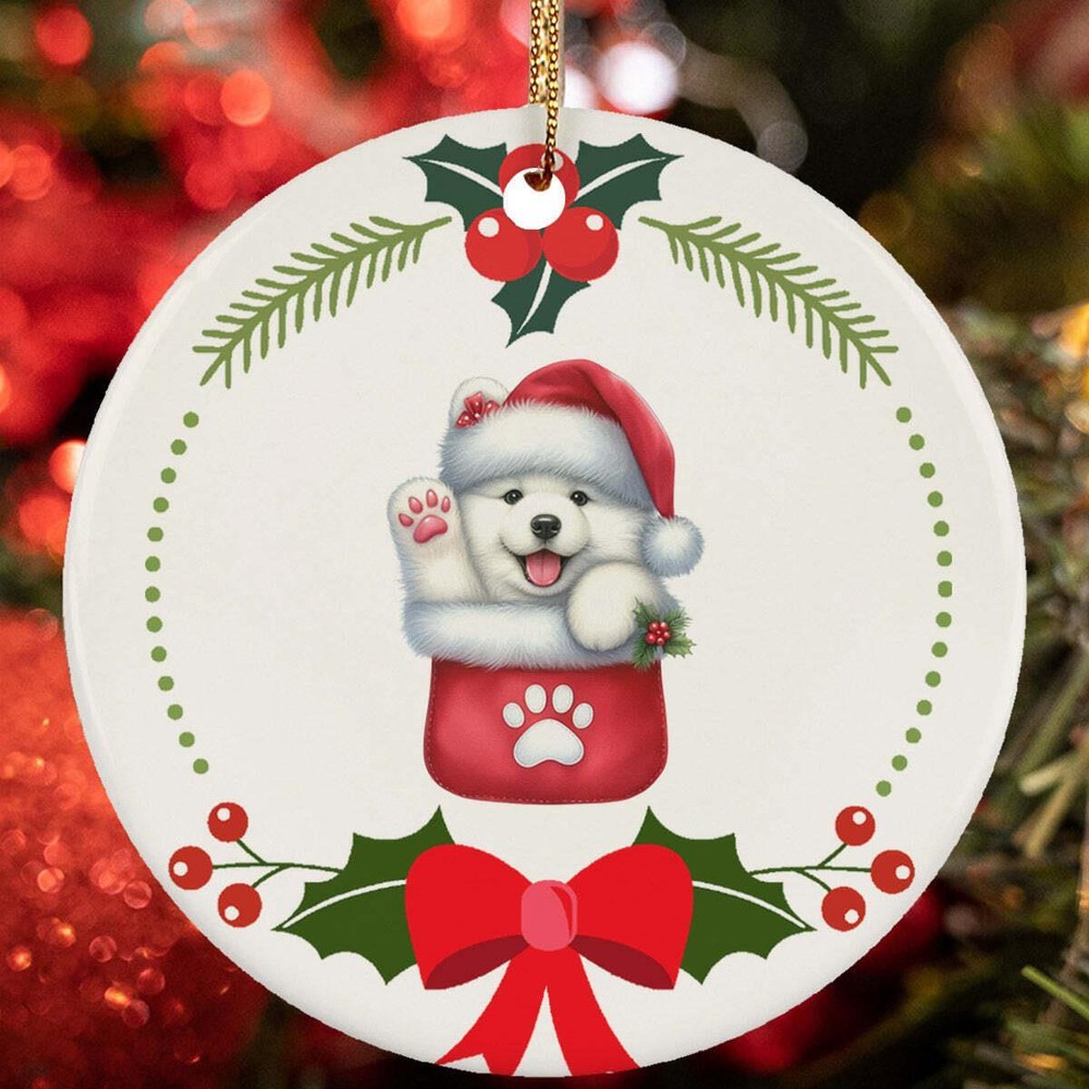 Cute Samoyed Puppy Dog Pocket Lover Wreath Christmas Ornament Gift Decor Hanging