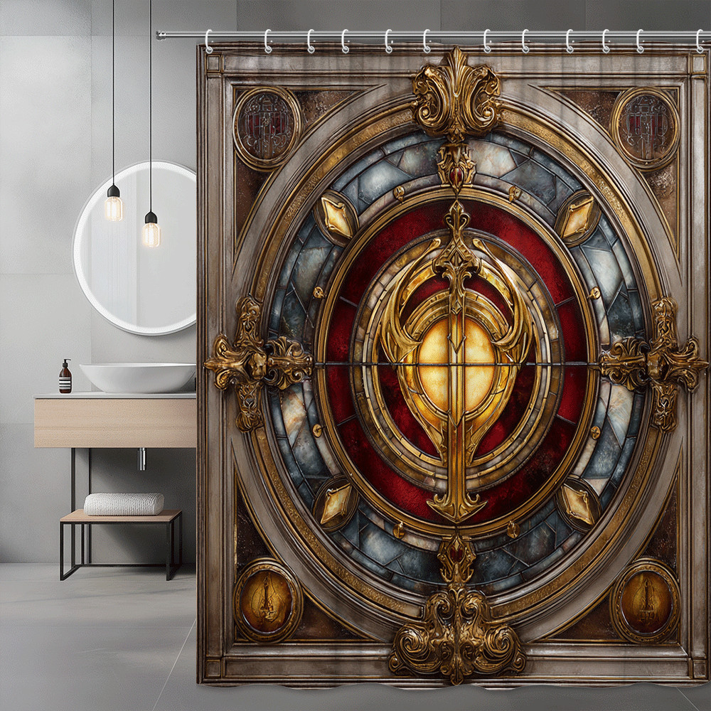 Gothic Stained Glass Style Shower Curtain, Red Gold Medallion Design
