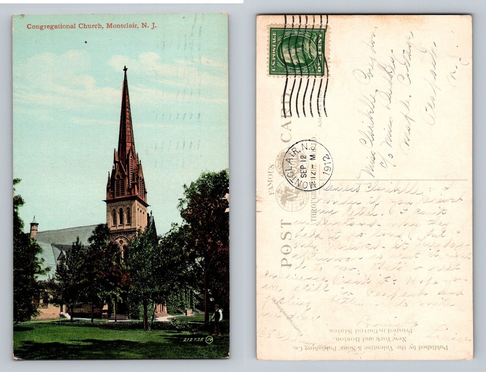 Montclair, NJ-New Jersey Congregational Church Tall Spire Vintage c1912 Postcard