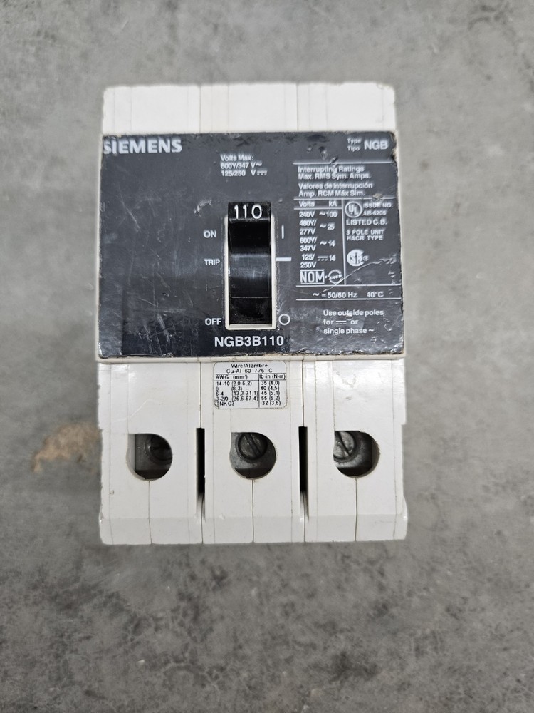 Siemens NGB3B110 NGB Circuit Breaker 110 Amp 3 Pole 600 V 110A HACR 3P ITE 347 V