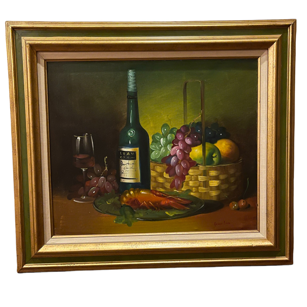 Original Artist Signed Oil Painting Still Life Fruit Basket Gilded Frank Lean