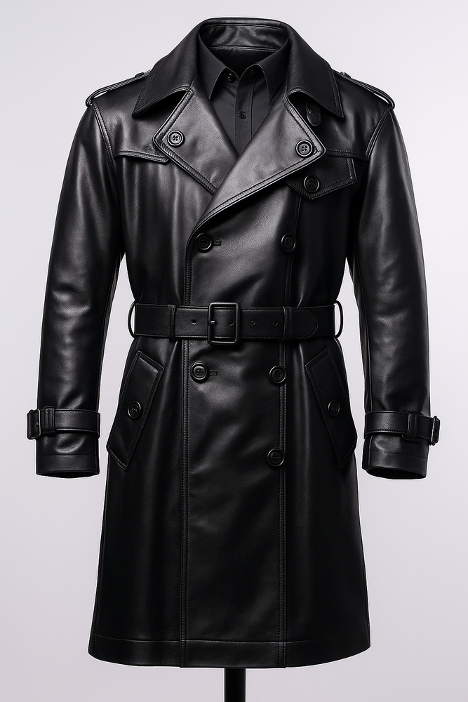 Men's Black Vintage Lambskin Leather Trench Coat Stylish Winter Wear Belted Coat