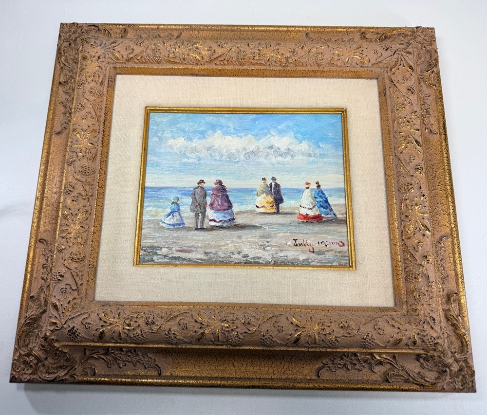 Signed Tully Mimo Beach Scene Oil Painting Ornate Gold Frame Coastal Victorian