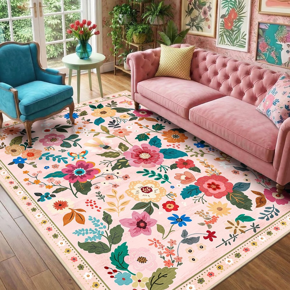 Floral Nursery 6X9 Area Rugs Washable Print Boho Cute Carpet Non Slip Flower Low