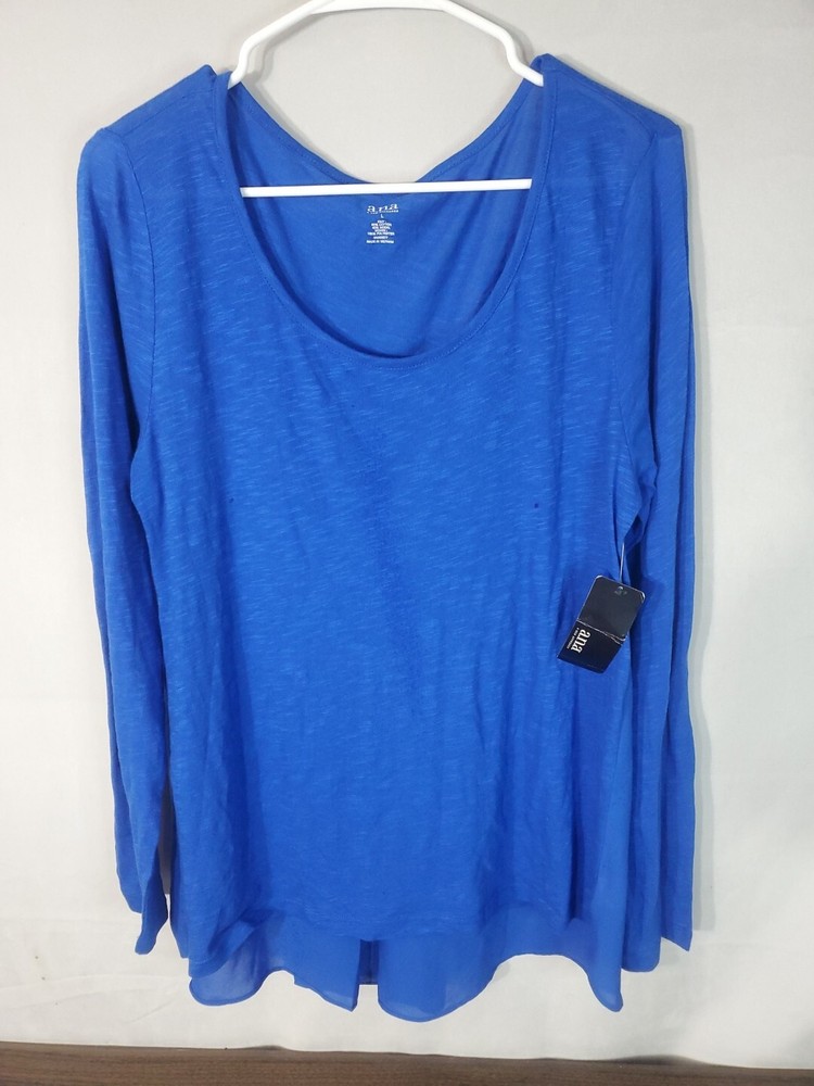 a.n.a Blouse Women's Size Large Blue Long Sleeve Sheer Back Lightweight
