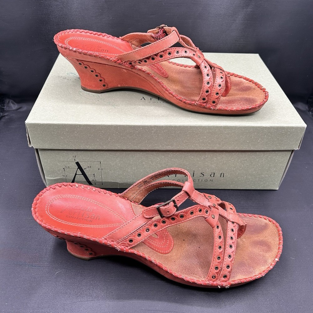 Clarks Artisan Sago Womens Wedge Sandals Size 8.5 Mango Leather with Grommet Straps