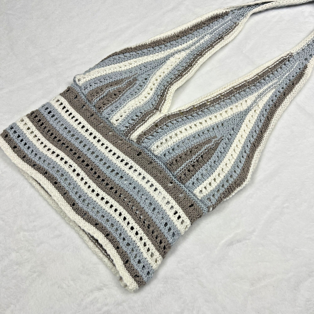 Hollister Crochet Halter Top Open Knit Stripe Blue Taupe Gray Cream Festival Y2K