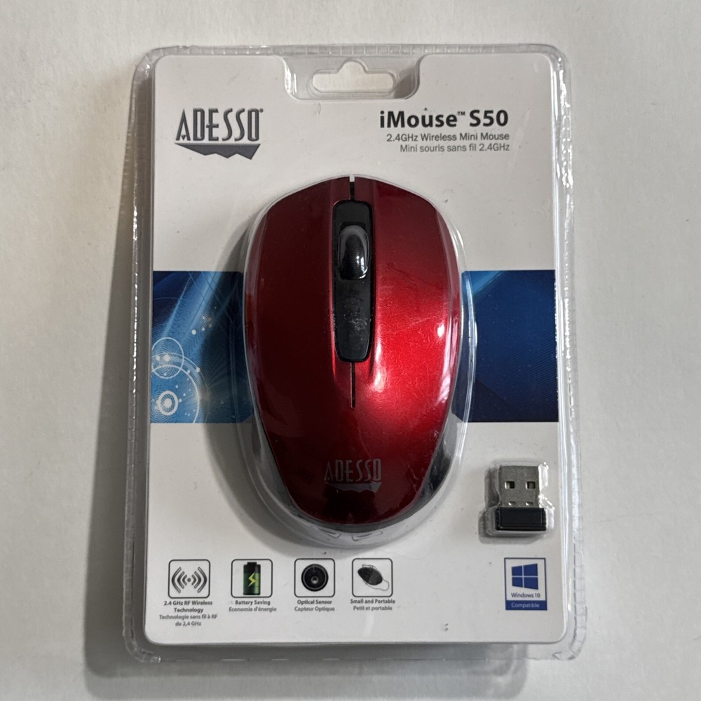 Adesso iMouse S50 2.4 GHz Wireless Optical Mini Mouse Metallic Red Sealed